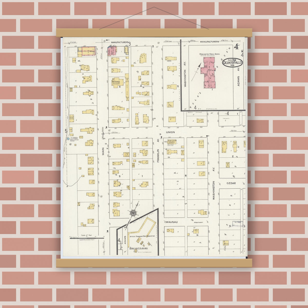 Old map wall art mockup — magnetic wood frame on brick wall — Sanborn Fire Insurance Map from Oconto Falls, Oconto County, Wisconsin (1919), Sheet #0004