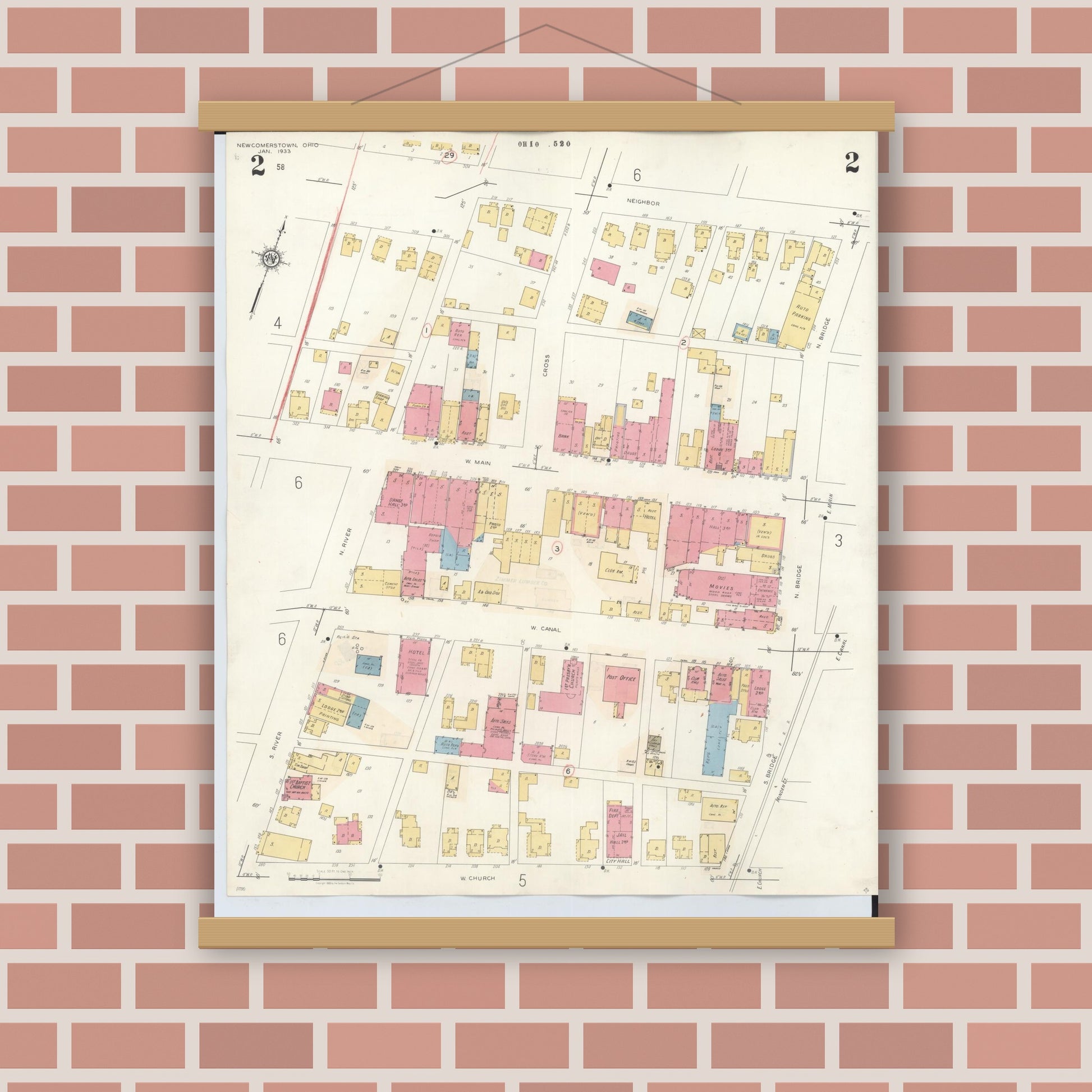 Old map wall art mockup — magnetic wood frame on brick wall — Sanborn Fire Insurance Map from Newcomerstown, Tuscarawas County, Ohio (1933), Sheet #0002