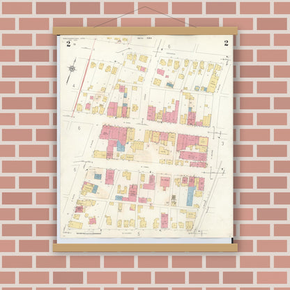 Old map wall art mockup — magnetic wood frame on brick wall — Sanborn Fire Insurance Map from Newcomerstown, Tuscarawas County, Ohio (1933), Sheet #0002