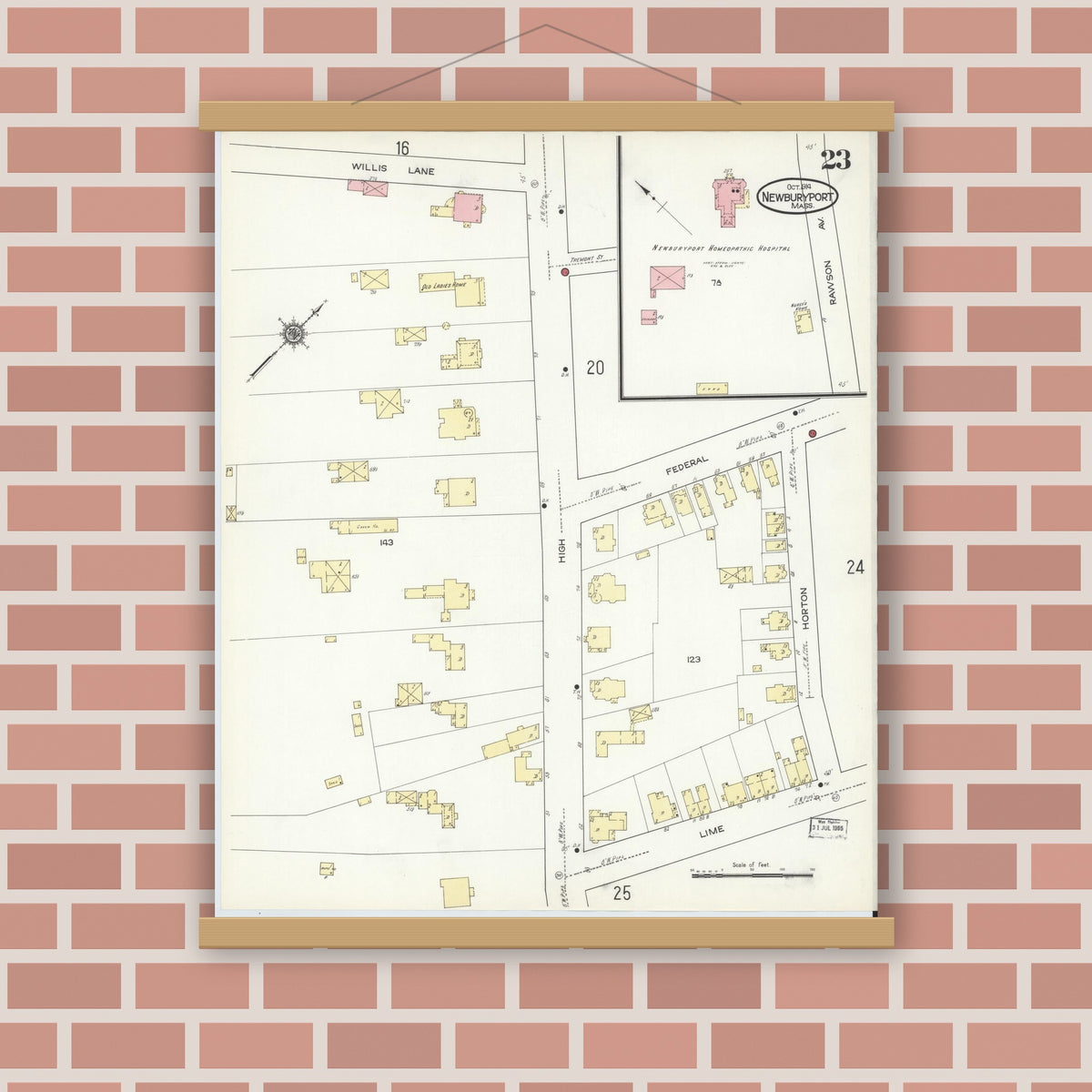 Old map wall art mockup — magnetic wood frame on brick wall — Sanborn Fire Insurance Map from Newburyport, Essex County, Massachusetts (1914), Sheet #0023