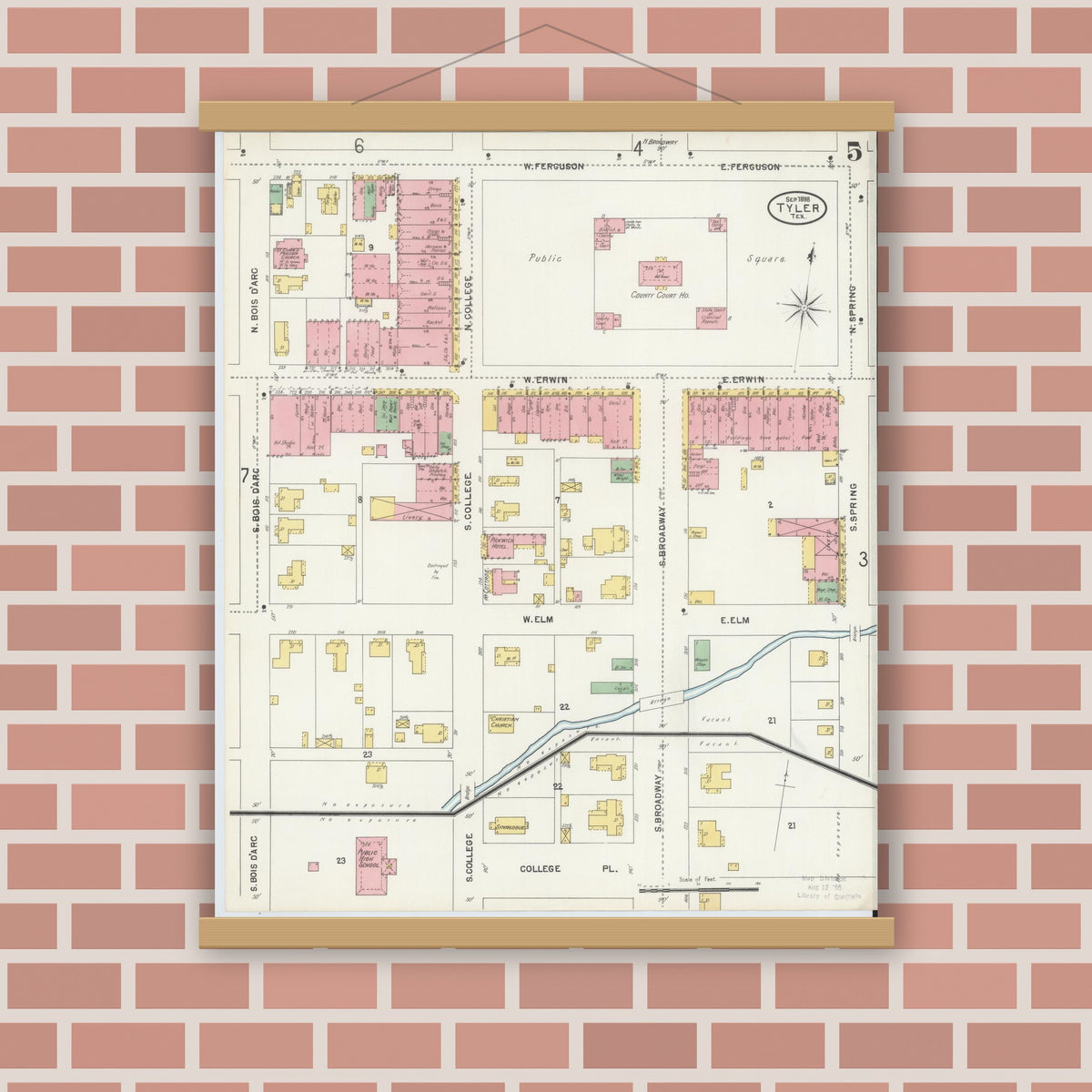 Old map wall art mockup — magnetic wood frame on brick wall — Sanborn Fire Insurance Map from Tyler, Smith County, Texas (1898), Sheet #0005