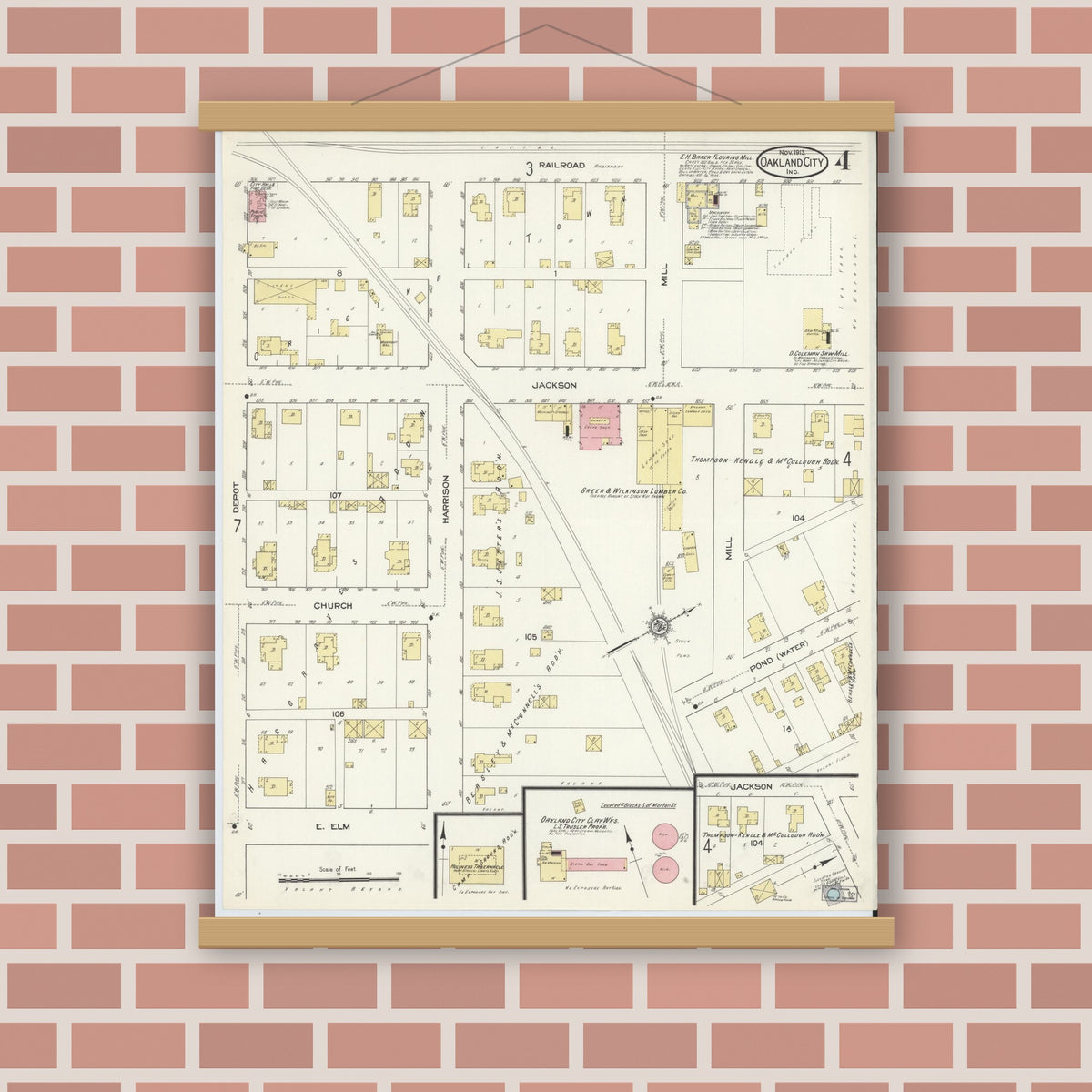 Old map wall art mockup — magnetic wood frame on brick wall — Sanborn Fire Insurance Map from Oakland City, Gibson County, Indiana (1913), Sheet #0004