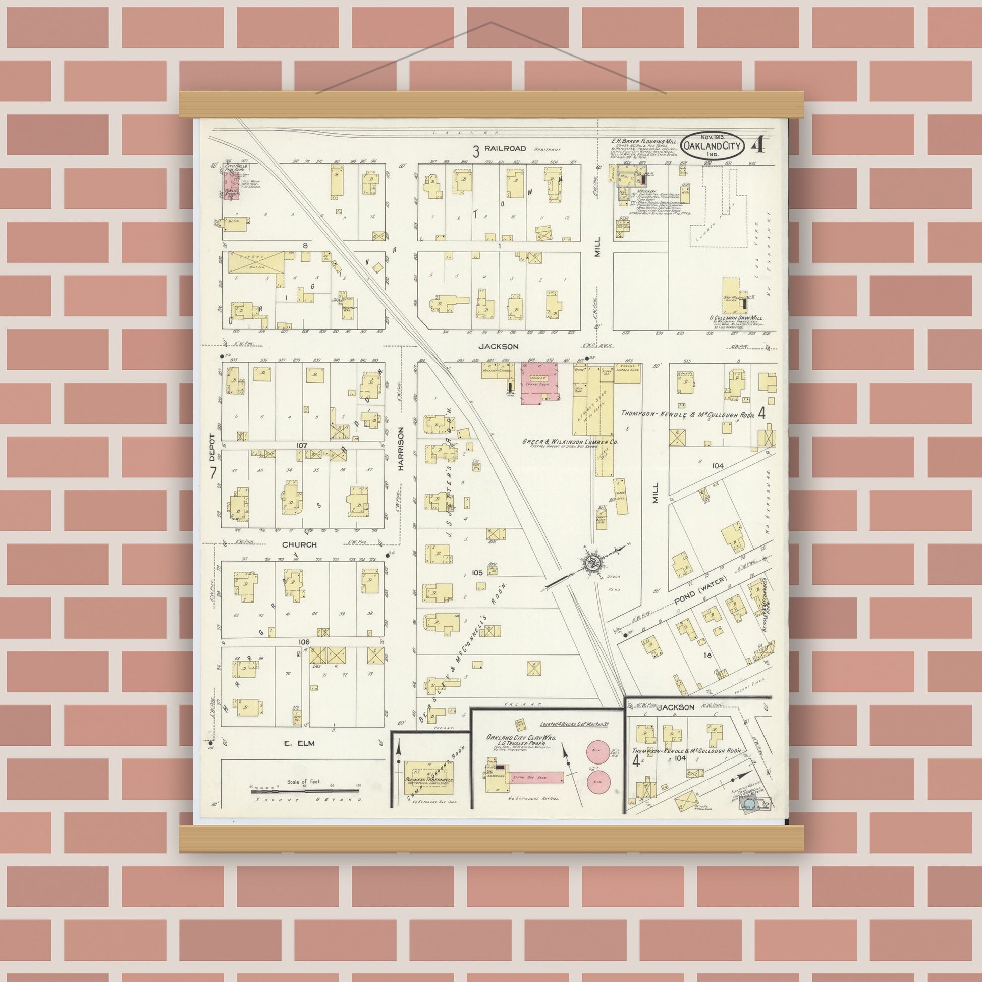 Old map wall art mockup — magnetic wood frame on brick wall — Sanborn Fire Insurance Map from Oakland City, Gibson County, Indiana (1913), Sheet #0004