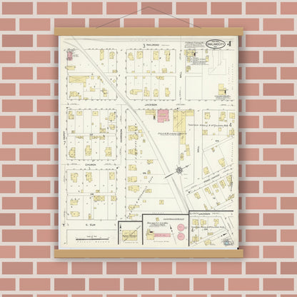 Old map wall art mockup — magnetic wood frame on brick wall — Sanborn Fire Insurance Map from Oakland City, Gibson County, Indiana (1913), Sheet #0004
