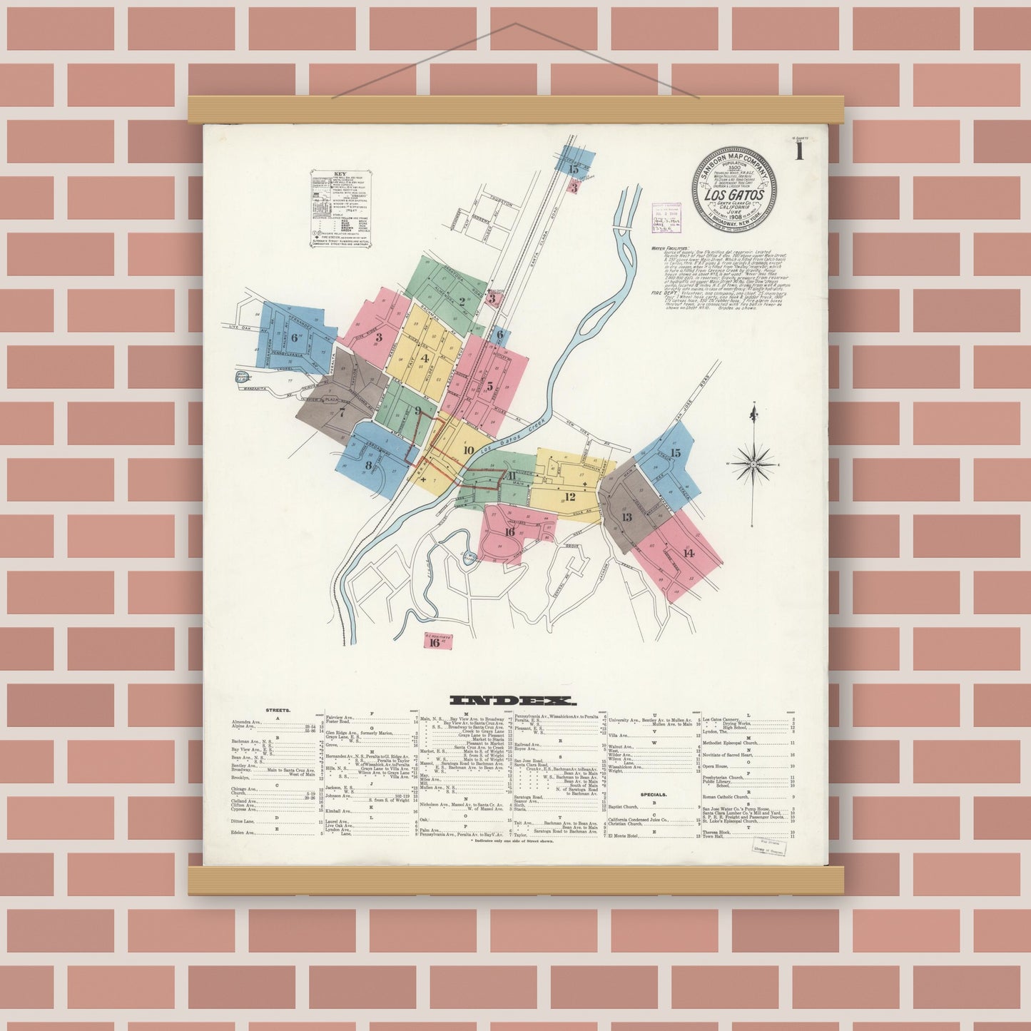 Old map wall art mockup — magnetic wood frame on brick wall — Sanborn Fire Insurance Map from Los Gatos, Santa Clara County, California (1908), Sheet #0001