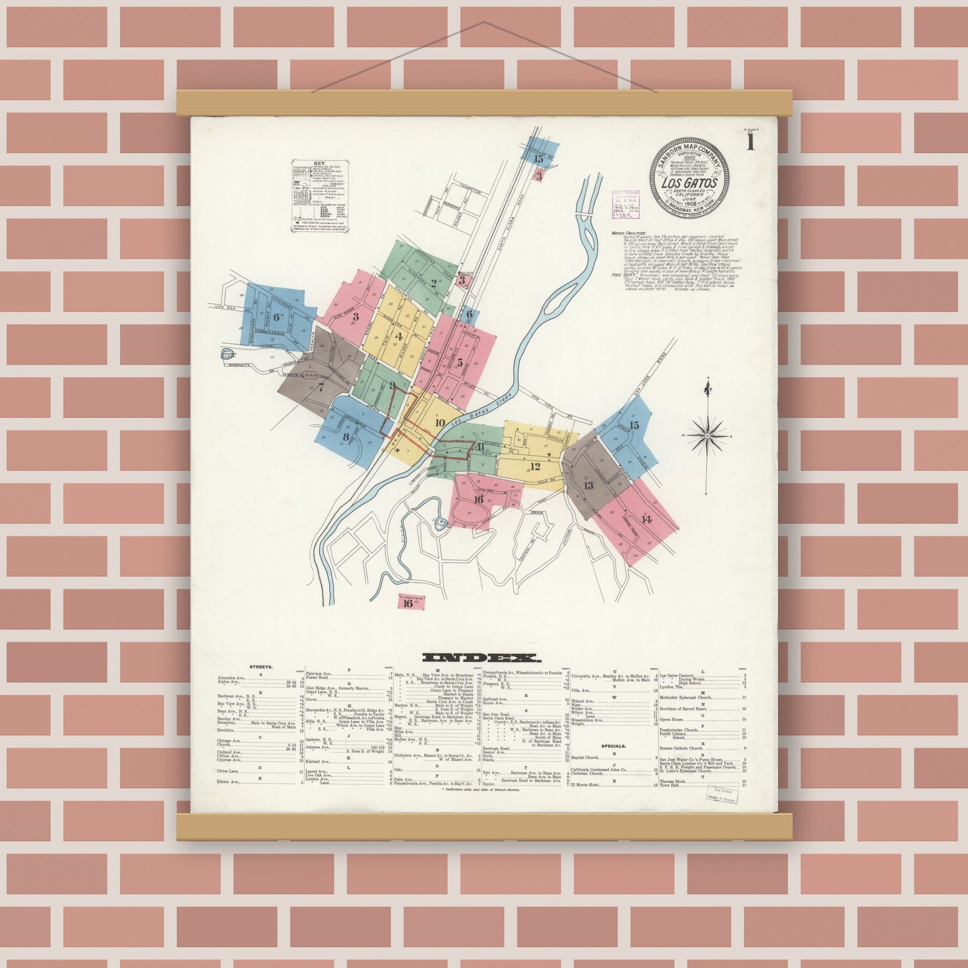 Old map wall art mockup — magnetic wood frame on brick wall — Sanborn Fire Insurance Map from Los Gatos, Santa Clara County, California (1908), Sheet #0001