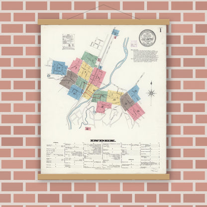 Old map wall art mockup — magnetic wood frame on brick wall — Sanborn Fire Insurance Map from Los Gatos, Santa Clara County, California (1908), Sheet #0001