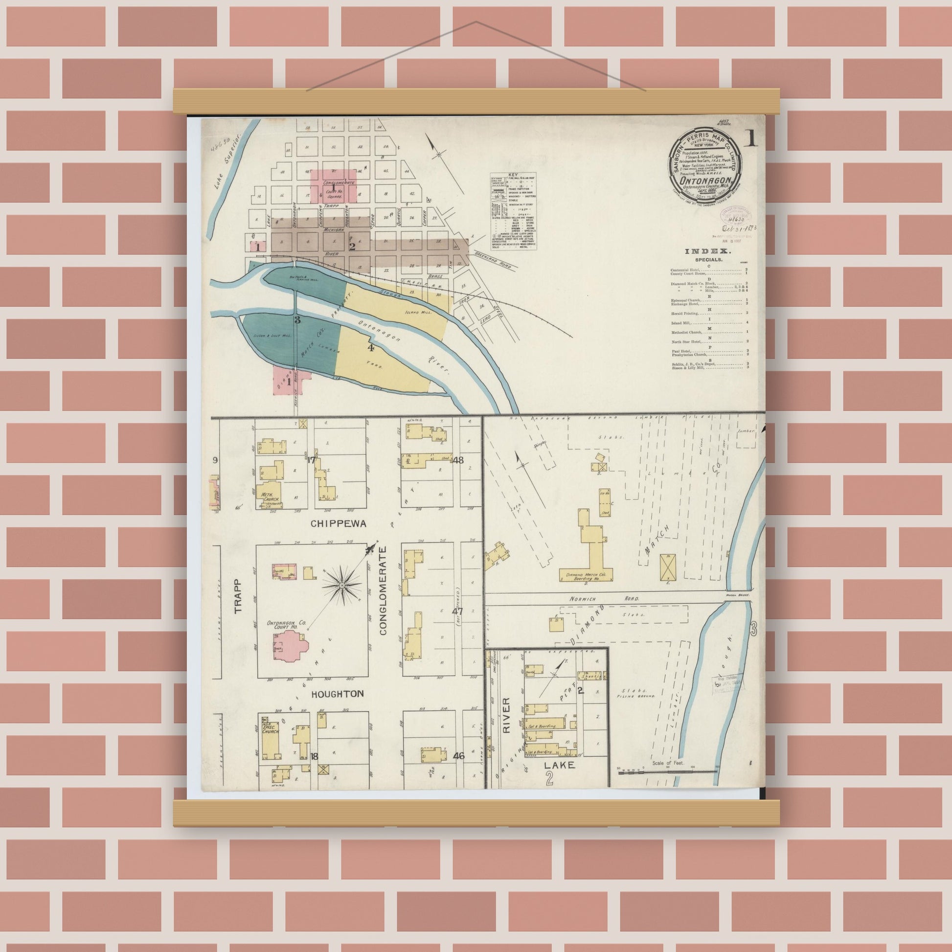Old map wall art mockup — magnetic wood frame on brick wall — Sanborn Fire Insurance Map from Ontonagon, Ontonagon County, Michigan (1893) - Complete Map Set