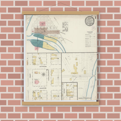 Old map wall art mockup — magnetic wood frame on brick wall — Sanborn Fire Insurance Map from Ontonagon, Ontonagon County, Michigan (1893) - Complete Map Set