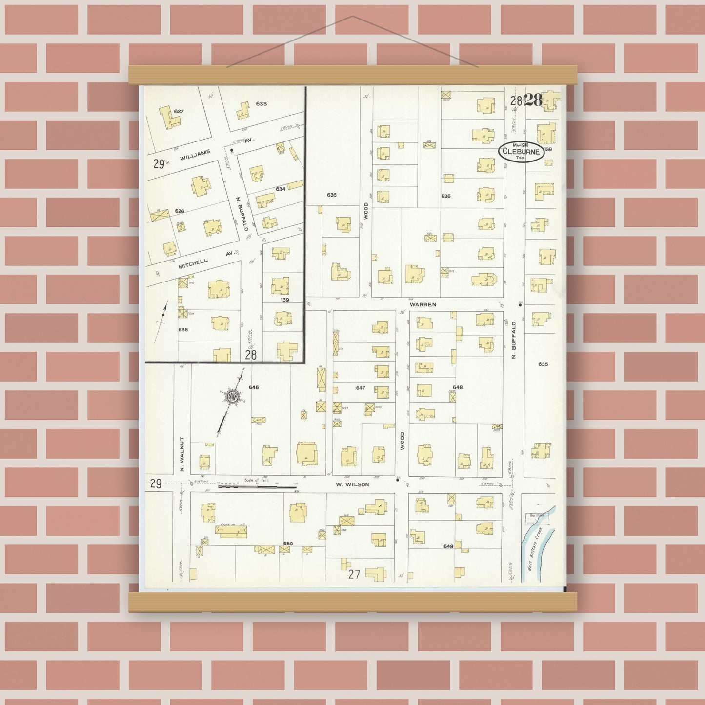Old map wall art mockup — magnetic wood frame on brick wall — Sanborn Fire Insurance Map from Cleburne, Johnson County, Texas (1910), Sheet #0028