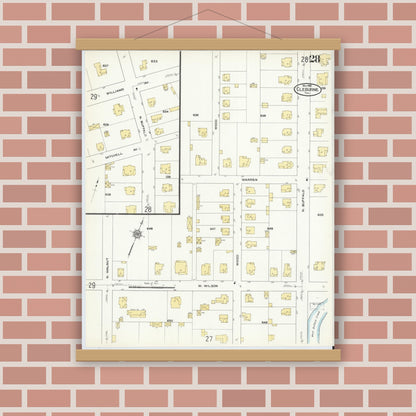 Old map wall art mockup — magnetic wood frame on brick wall — Sanborn Fire Insurance Map from Cleburne, Johnson County, Texas (1910), Sheet #0028