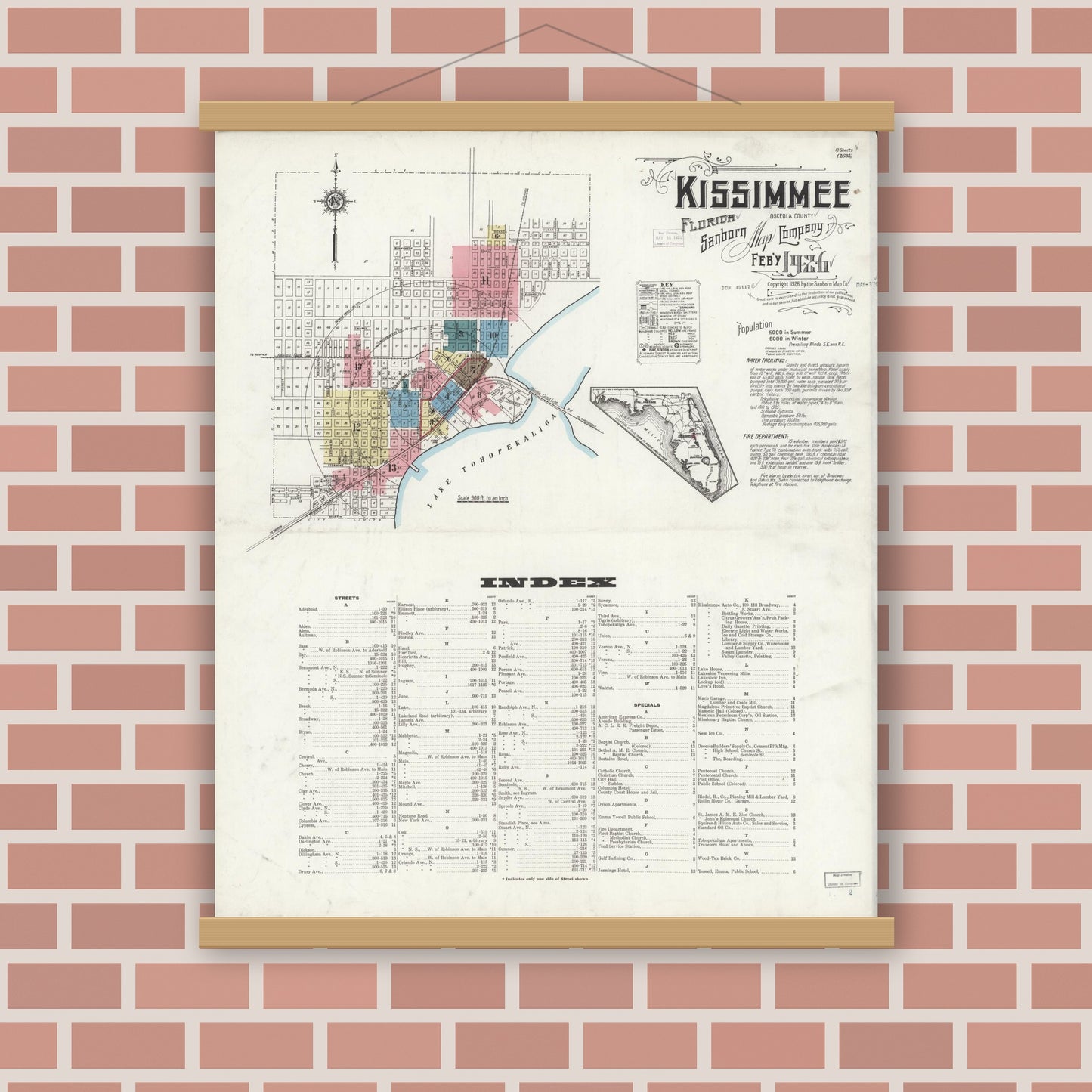 Old map wall art mockup — magnetic wood frame on brick wall — Sanborn Fire Insurance Map from Kissimmee, Osceola County, Florida (1926), Sheet #0001