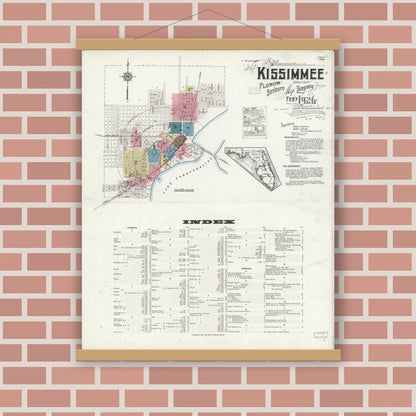 Old map wall art mockup — magnetic wood frame on brick wall — Sanborn Fire Insurance Map from Kissimmee, Osceola County, Florida (1926), Sheet #0001