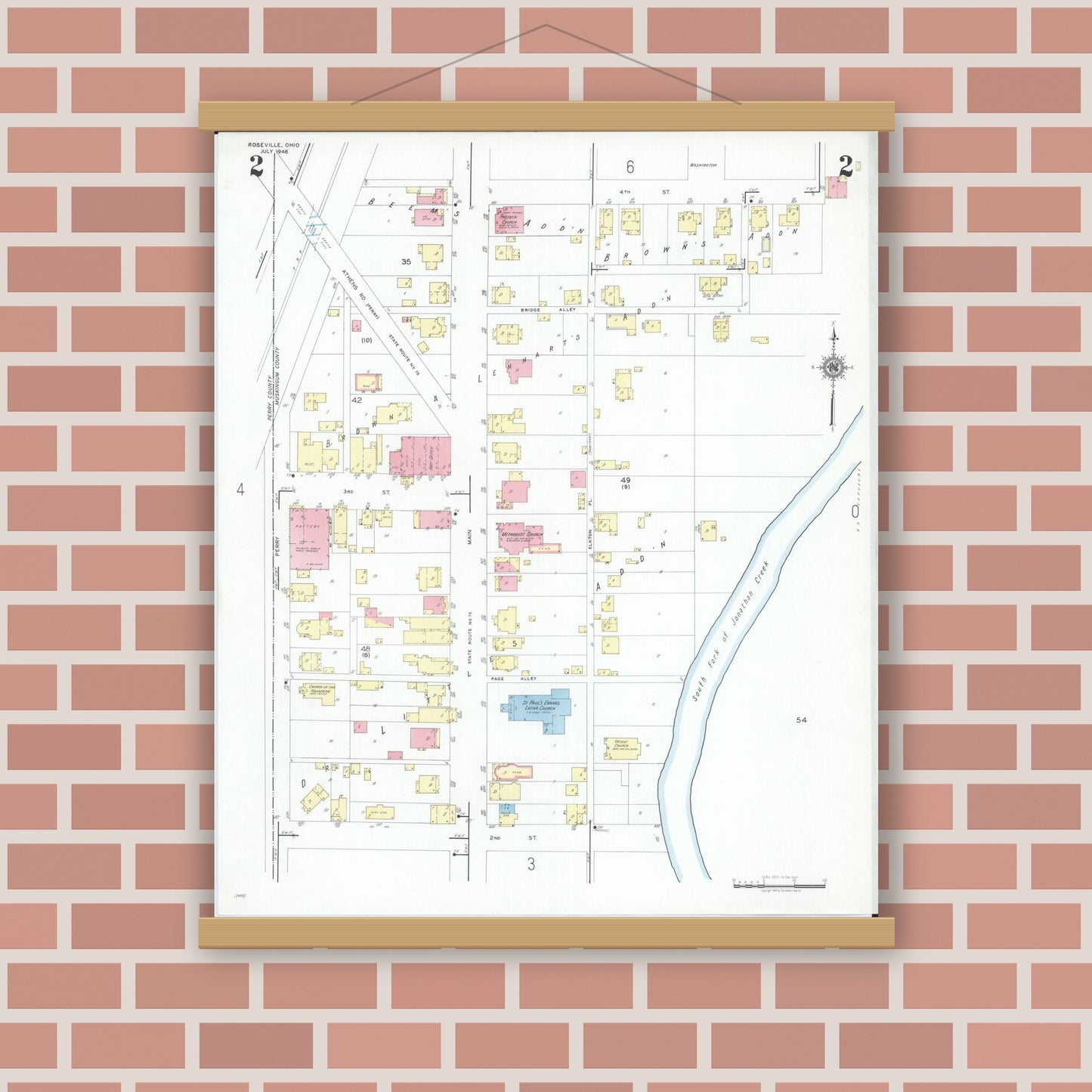 Old map wall art mockup — magnetic wood frame on brick wall — Sanborn Fire Insurance Map from Roseville, Perry And Muskingum Counties, Ohio (1946), Sheet #0002