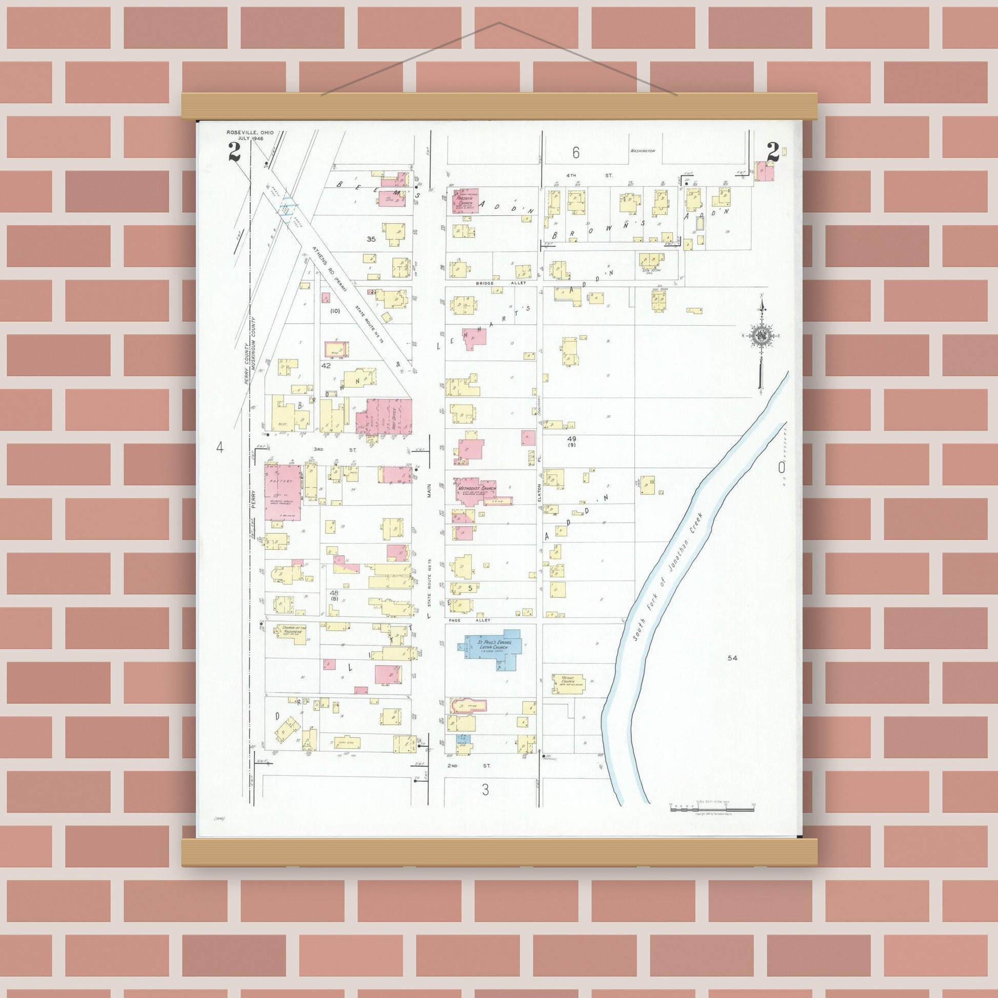 Old map wall art mockup — magnetic wood frame on brick wall — Sanborn Fire Insurance Map from Roseville, Perry And Muskingum Counties, Ohio (1946), Sheet #0002