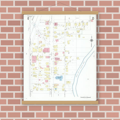 Old map wall art mockup — magnetic wood frame on brick wall — Sanborn Fire Insurance Map from Roseville, Perry And Muskingum Counties, Ohio (1946), Sheet #0002