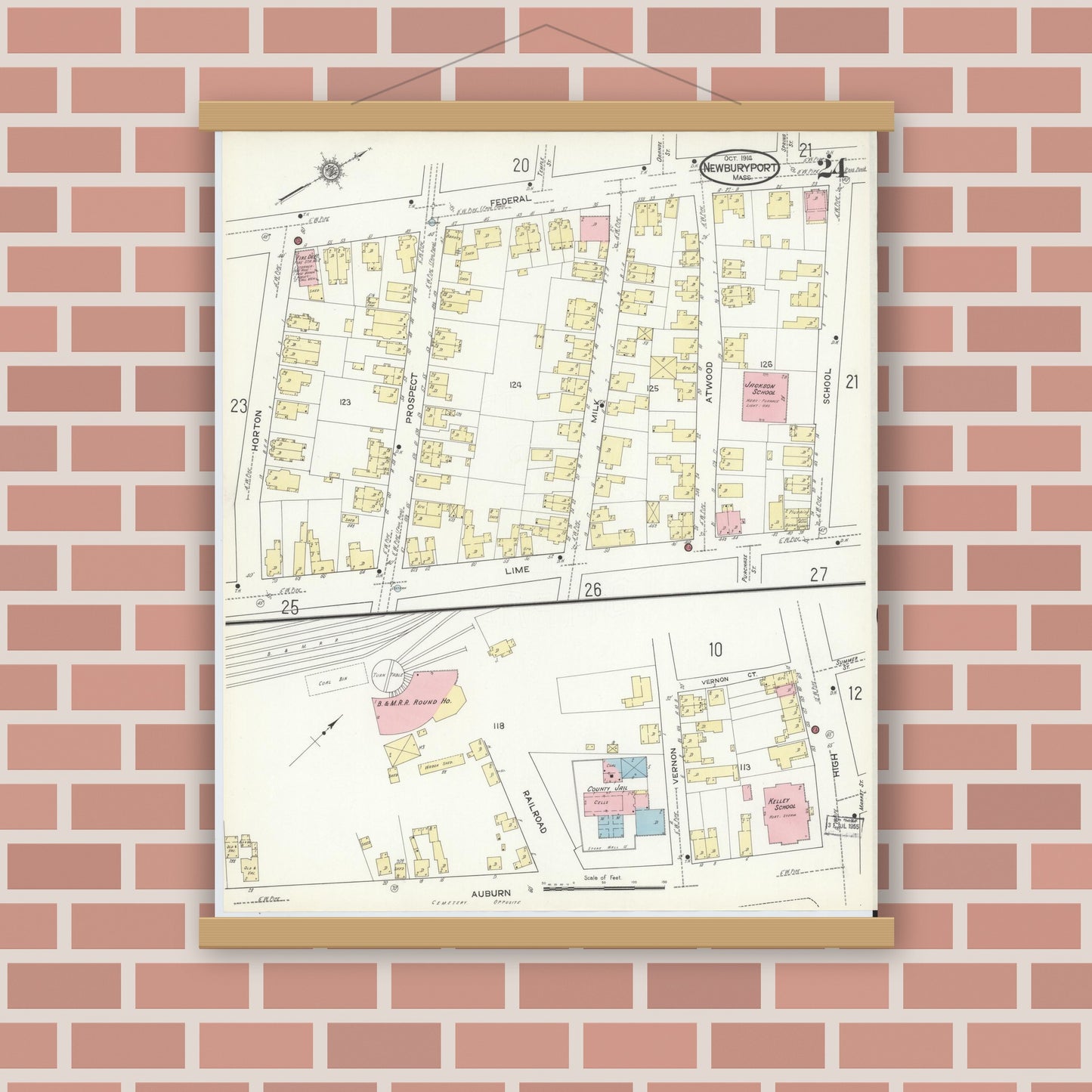 Old map wall art mockup — magnetic wood frame on brick wall — Sanborn Fire Insurance Map from Newburyport, Essex County, Massachusetts (1914), Sheet #0024