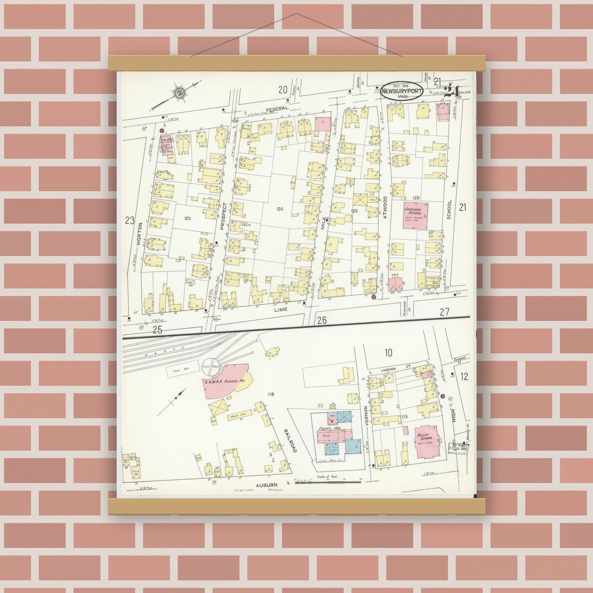 Old map wall art mockup — magnetic wood frame on brick wall — Sanborn Fire Insurance Map from Newburyport, Essex County, Massachusetts (1914), Sheet #0024