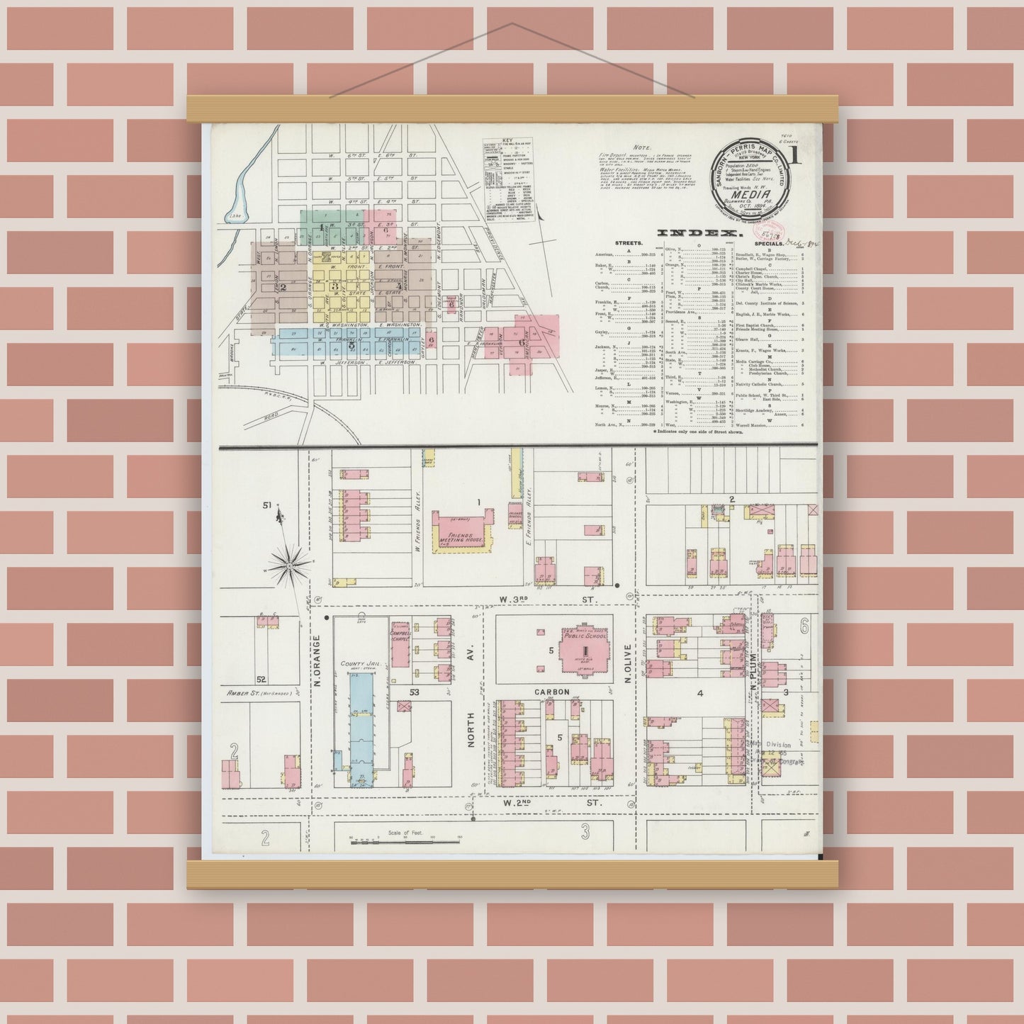 Old map wall art mockup — magnetic wood frame on brick wall — Sanborn Fire Insurance Map from Media, Delaware County, Pennsylvania (1894), Sheet #0001