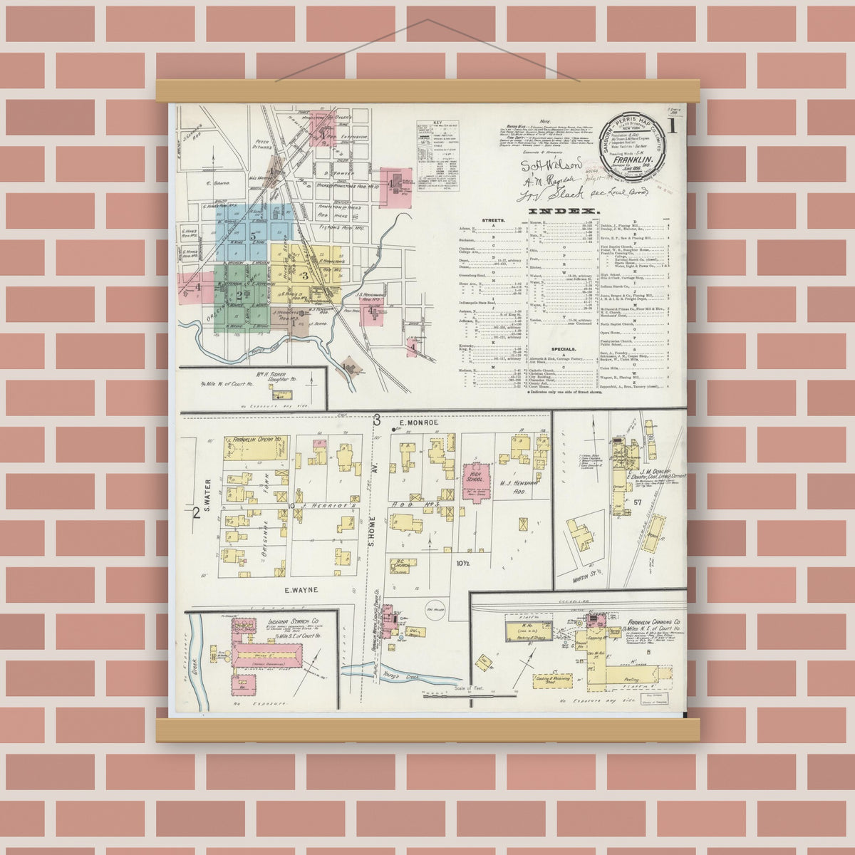Old map wall art mockup — magnetic wood frame on brick wall — Sanborn Fire Insurance Map from Franklin, Johnson County, Indiana (1896) - Complete Map Set