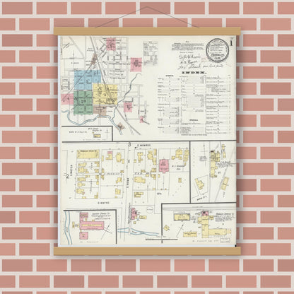 Old map wall art mockup — magnetic wood frame on brick wall — Sanborn Fire Insurance Map from Franklin, Johnson County, Indiana (1896) - Complete Map Set