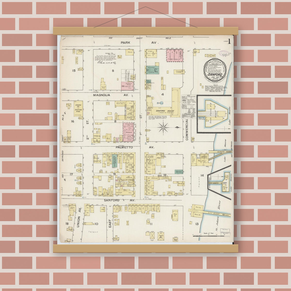 Old map wall art mockup — magnetic wood frame on brick wall — Sanborn Fire Insurance Map from Sanford, Seminole County, Florida (1887) - Complete Map Set