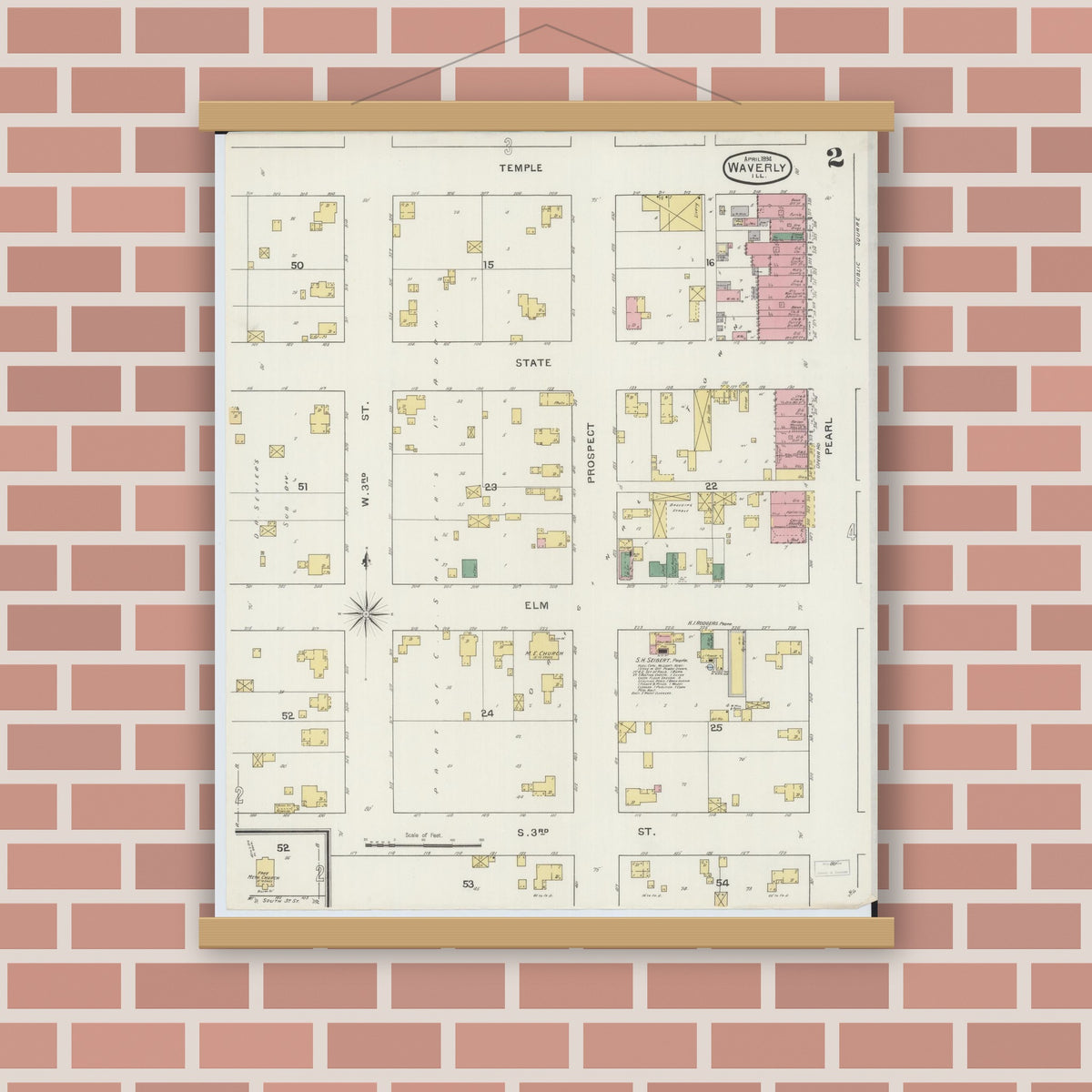 Old map wall art mockup — magnetic wood frame on brick wall — Sanborn Fire Insurance Map from Waverly, Morgan County, Illinois (1894), Sheet #0002