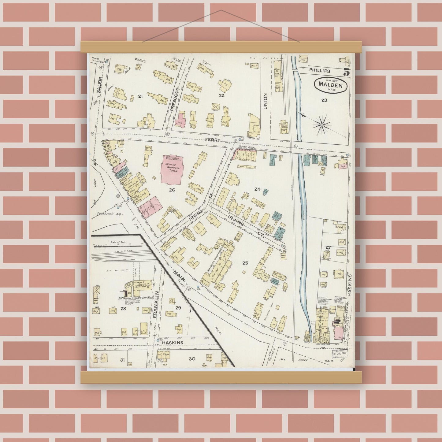 Old map wall art mockup — magnetic wood frame on brick wall — Sanborn Fire Insurance Map from Malden, Middlesex County, Massachusetts (1887), Sheet #0005