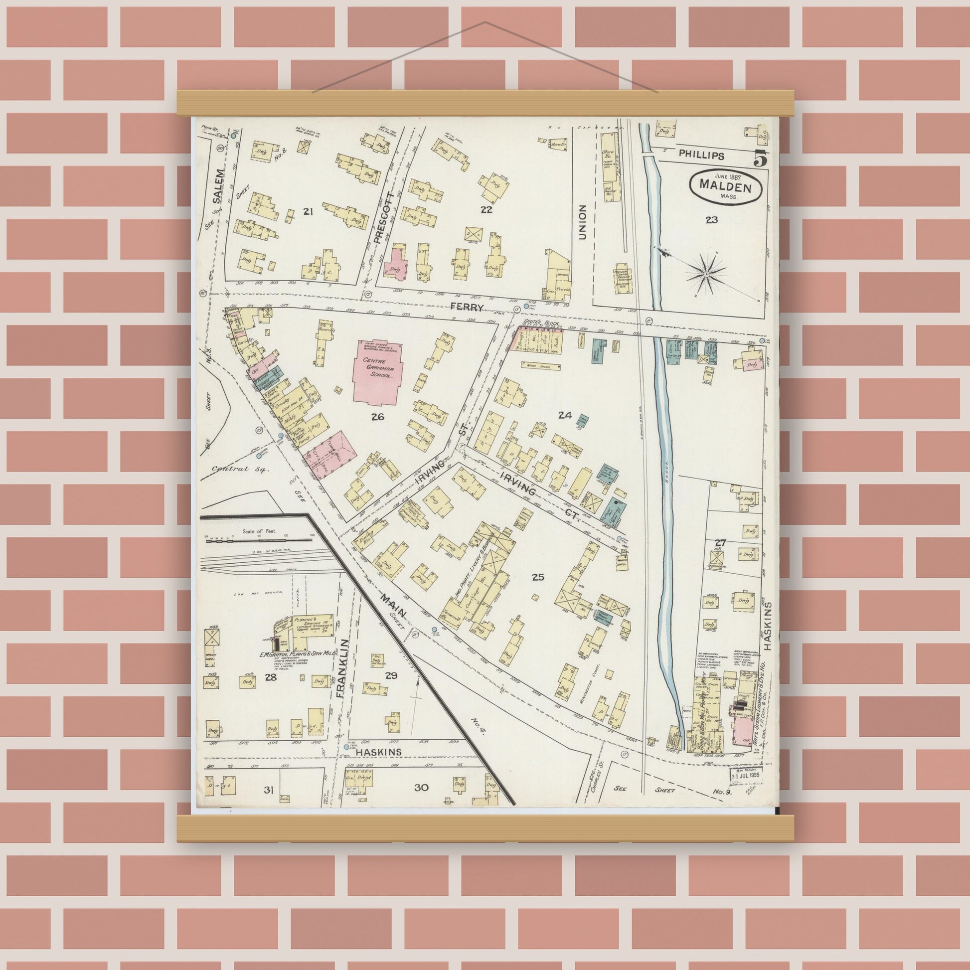 Old map wall art mockup — magnetic wood frame on brick wall — Sanborn Fire Insurance Map from Malden, Middlesex County, Massachusetts (1887), Sheet #0005