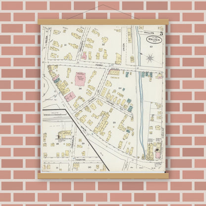 Old map wall art mockup — magnetic wood frame on brick wall — Sanborn Fire Insurance Map from Malden, Middlesex County, Massachusetts (1887), Sheet #0005