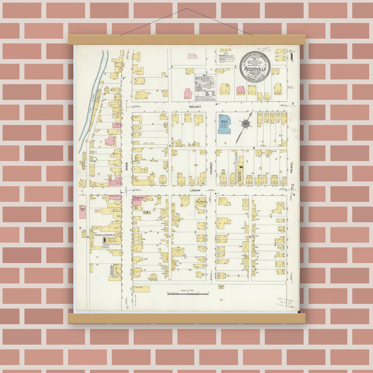 Old map wall art mockup — magnetic wood frame on brick wall — Sanborn Fire Insurance Map from Reedsville, Mifflin County, Pennsylvania (1910) - Complete Map Set