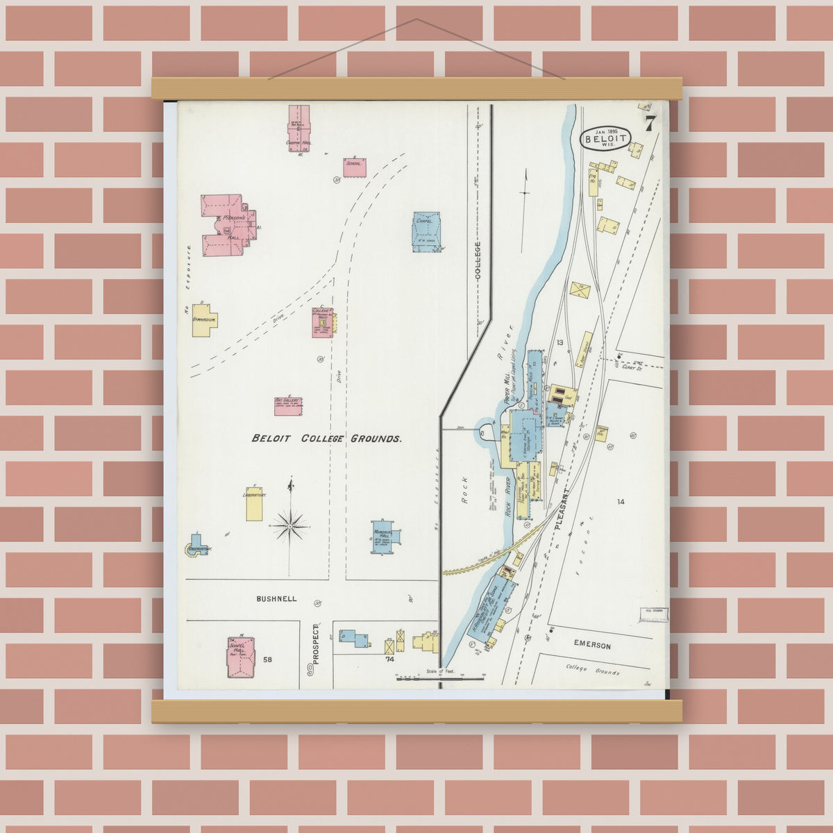 Old map wall art mockup — magnetic wood frame on brick wall — Sanborn Fire Insurance Map from Beloit, Rock County, Wisconsin (1895), Sheet #0007