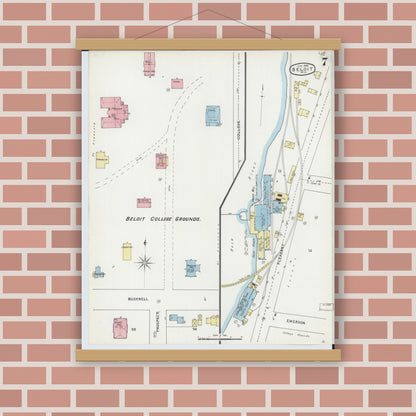 Old map wall art mockup — magnetic wood frame on brick wall — Sanborn Fire Insurance Map from Beloit, Rock County, Wisconsin (1895), Sheet #0007