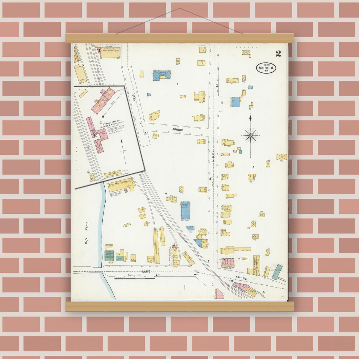 Old map wall art mockup — magnetic wood frame on brick wall — Sanborn Fire Insurance Map from Monroe, Orange County, New York (1904), Sheet #0002