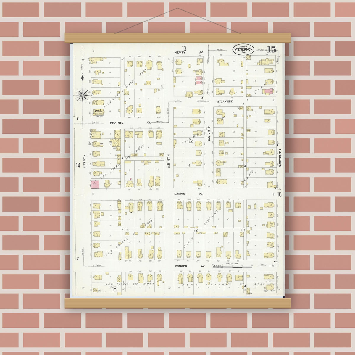 Old map wall art mockup — magnetic wood frame on brick wall — Sanborn Fire Insurance Map from Mount Vernon, Jefferson County, Illinois (1908), Sheet #0015
