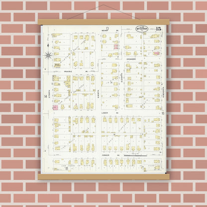 Old map wall art mockup — magnetic wood frame on brick wall — Sanborn Fire Insurance Map from Mount Vernon, Jefferson County, Illinois (1908), Sheet #0015