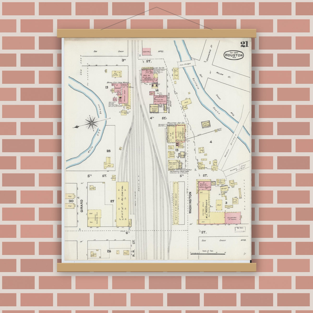 Old map wall art mockup — magnetic wood frame on brick wall — Sanborn Fire Insurance Map from Houston, Harris County, Texas (1890), Sheet #0021