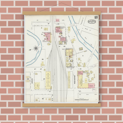 Old map wall art mockup — magnetic wood frame on brick wall — Sanborn Fire Insurance Map from Houston, Harris County, Texas (1890), Sheet #0021