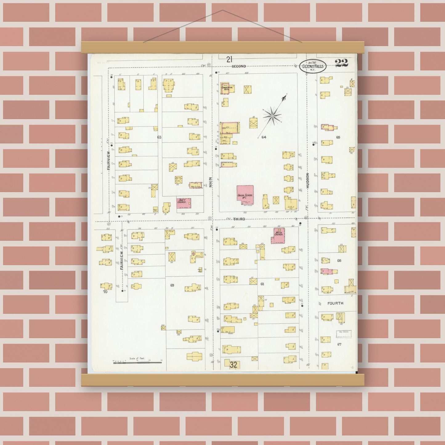 Old map wall art mockup — magnetic wood frame on brick wall — Sanborn Fire Insurance Map from Glens Falls, Warren County, New York (1901), Sheet #0022