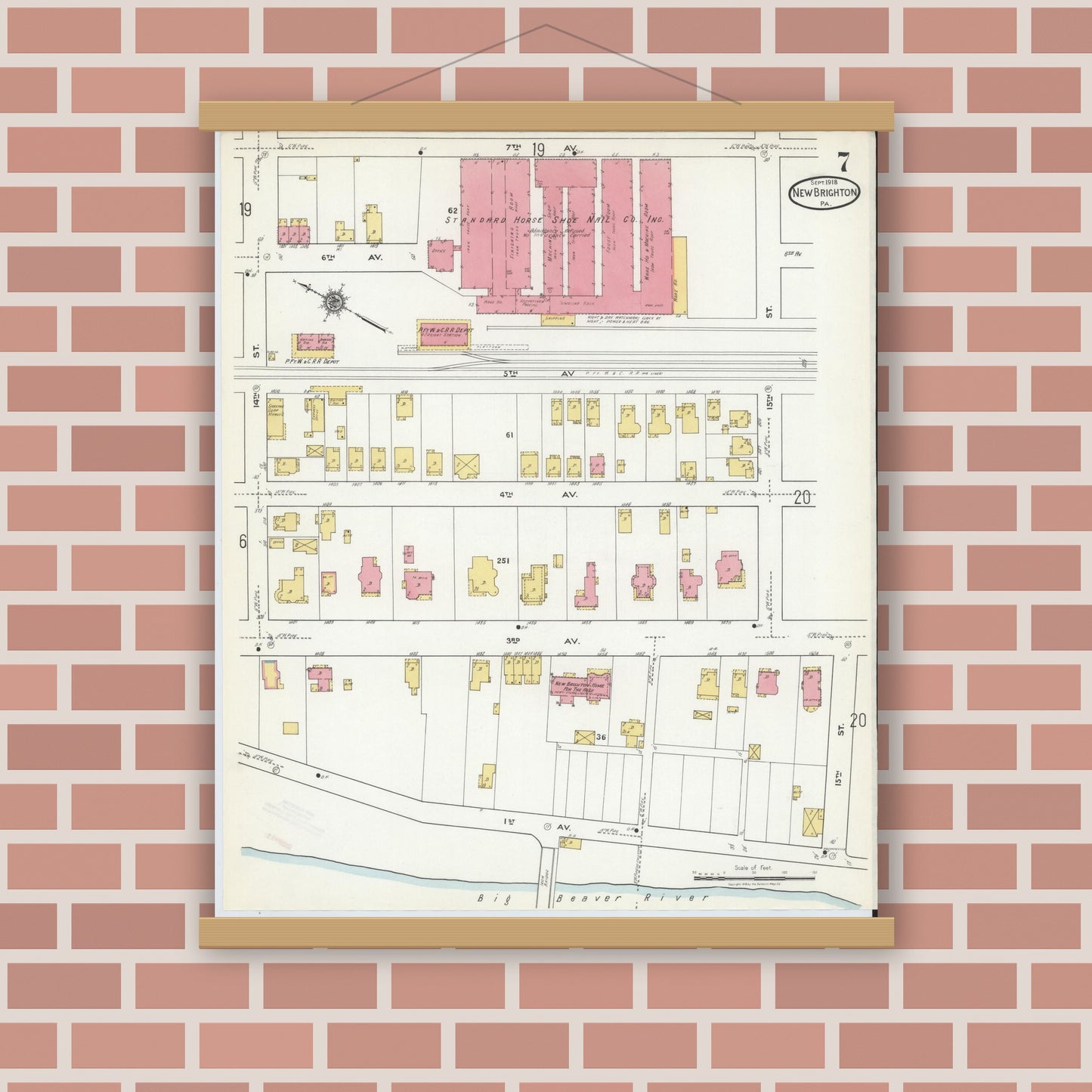 Old map wall art mockup — magnetic wood frame on brick wall — Sanborn Fire Insurance Map from New Brighton, Beaver County, Pennsylvania (1918), Sheet #0007