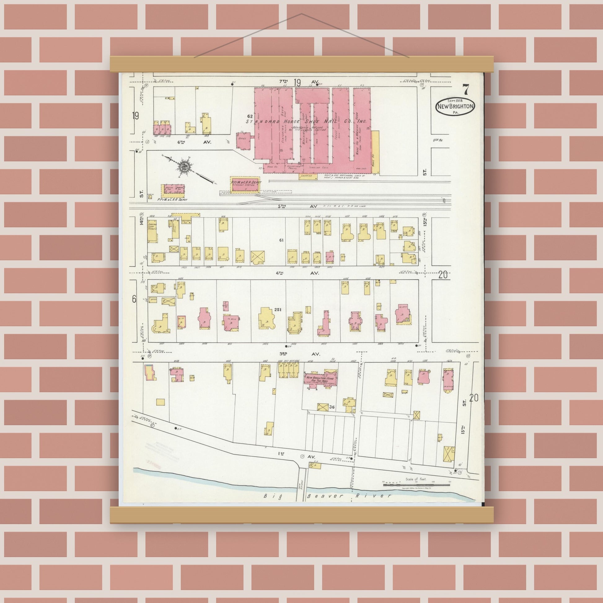 Old map wall art mockup — magnetic wood frame on brick wall — Sanborn Fire Insurance Map from New Brighton, Beaver County, Pennsylvania (1918), Sheet #0007