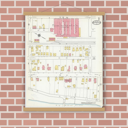 Old map wall art mockup — magnetic wood frame on brick wall — Sanborn Fire Insurance Map from New Brighton, Beaver County, Pennsylvania (1918), Sheet #0007