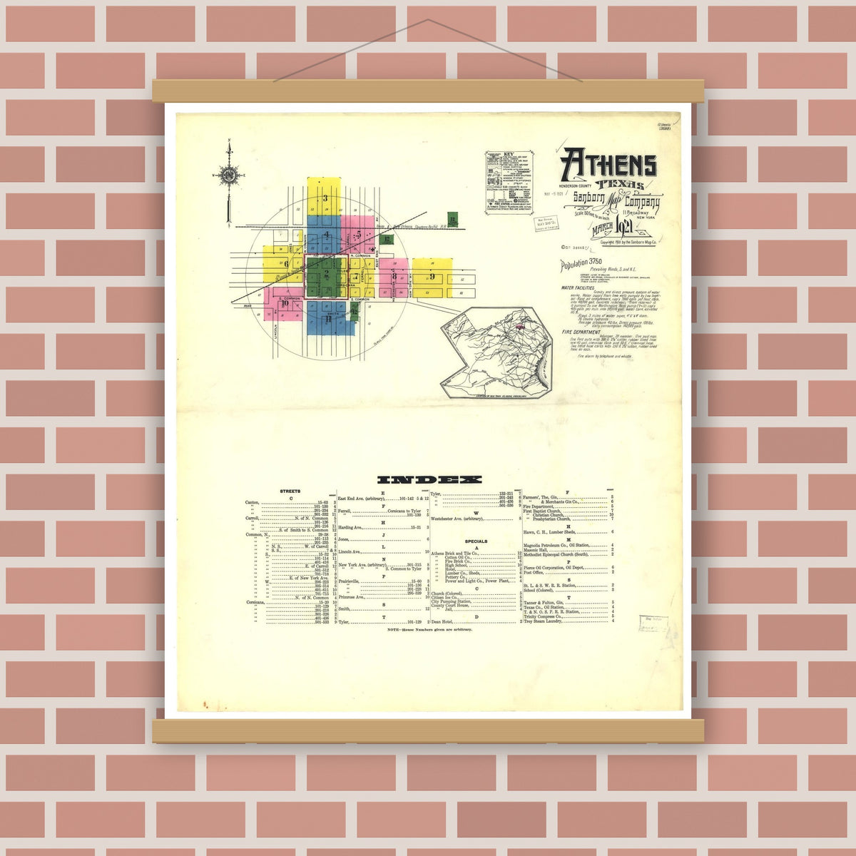 Old map wall art mockup — magnetic wood frame on brick wall — Sanborn Fire Insurance Map from Athens, Henderson County, Texas (1921), Sheet #0001
