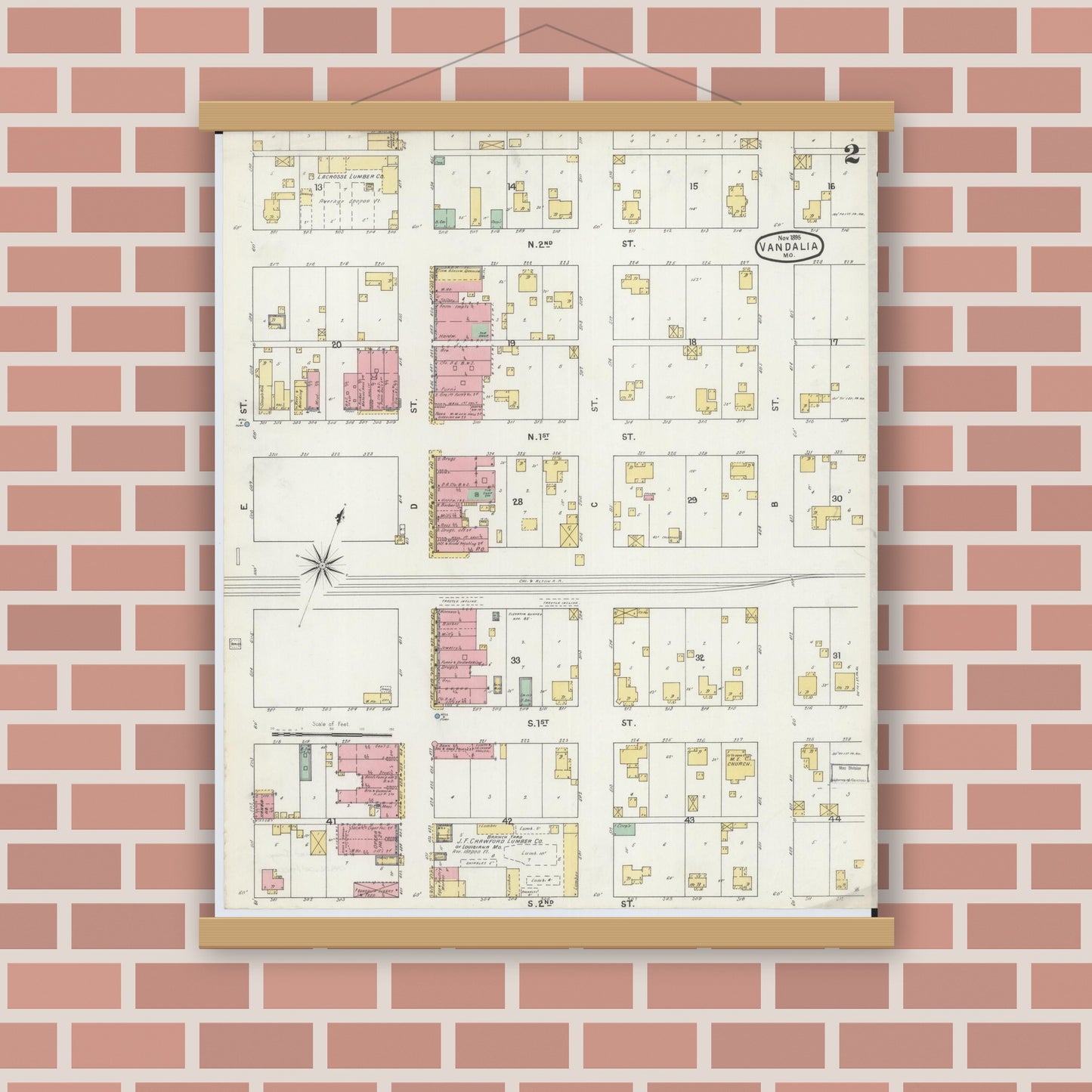 Old map wall art mockup — magnetic wood frame on brick wall — Sanborn Fire Insurance Map from Vandalia, Audrain County, Missouri (1895), Sheet #0002
