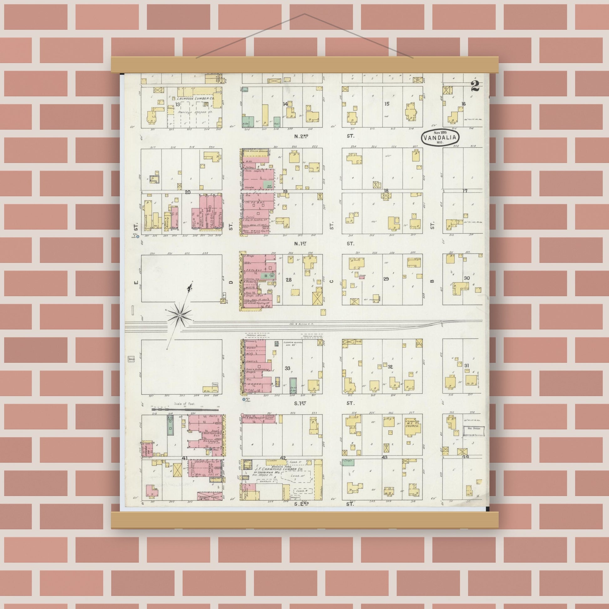 Old map wall art mockup — magnetic wood frame on brick wall — Sanborn Fire Insurance Map from Vandalia, Audrain County, Missouri (1895), Sheet #0002