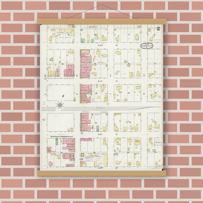 Old map wall art mockup — magnetic wood frame on brick wall — Sanborn Fire Insurance Map from Vandalia, Audrain County, Missouri (1895), Sheet #0002