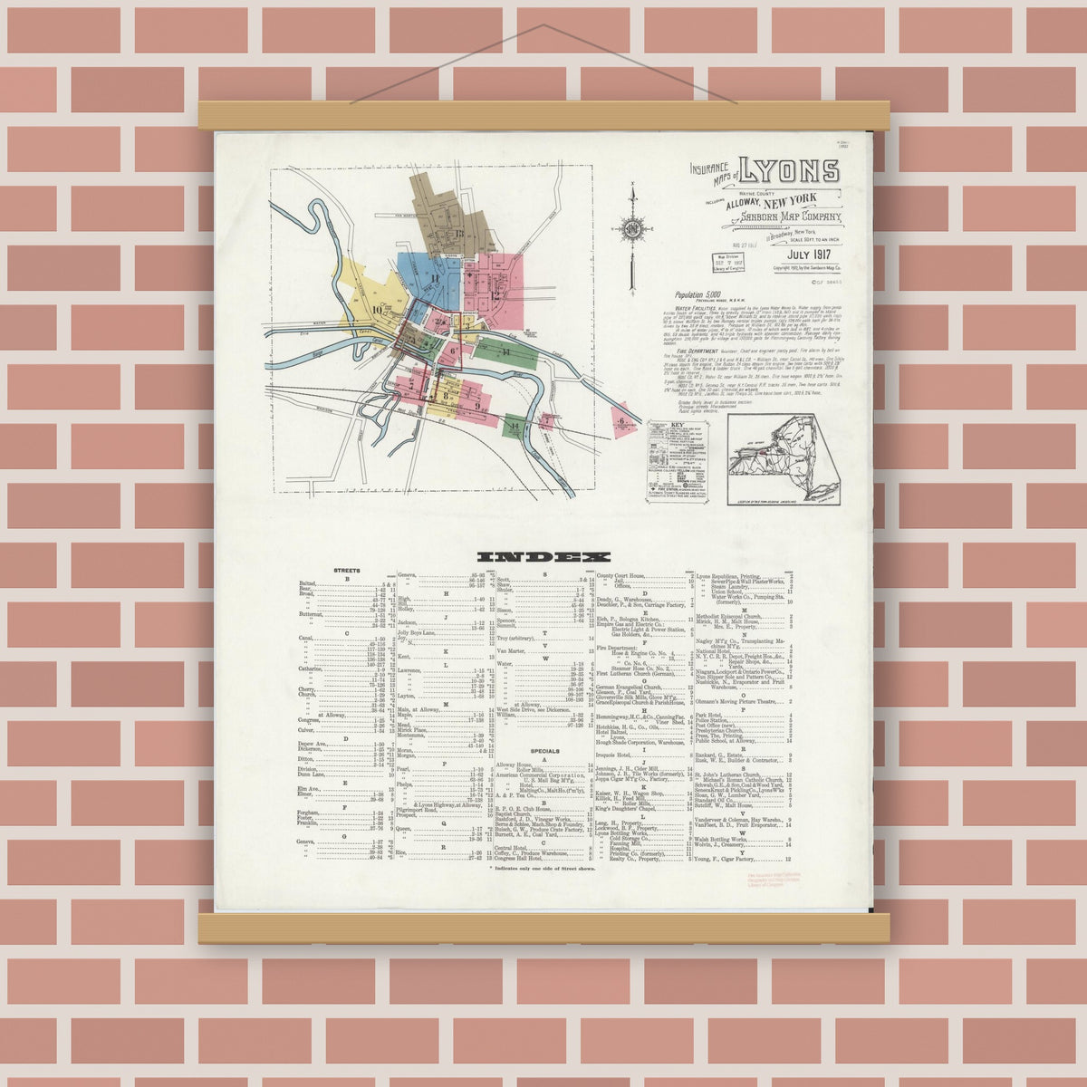 Old map wall art mockup — magnetic wood frame on brick wall — Sanborn Fire Insurance Map from Lyons, Wayne County, New York (1917) - Complete Map Set