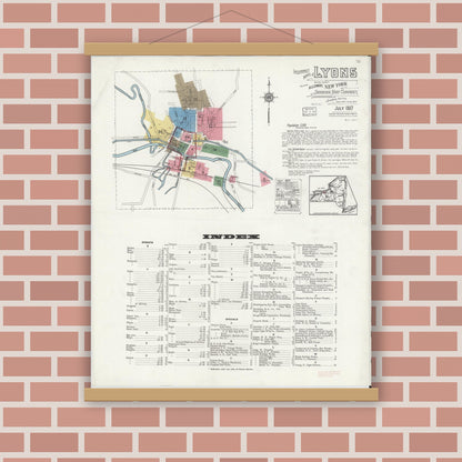Old map wall art mockup — magnetic wood frame on brick wall — Sanborn Fire Insurance Map from Lyons, Wayne County, New York (1917) - Complete Map Set