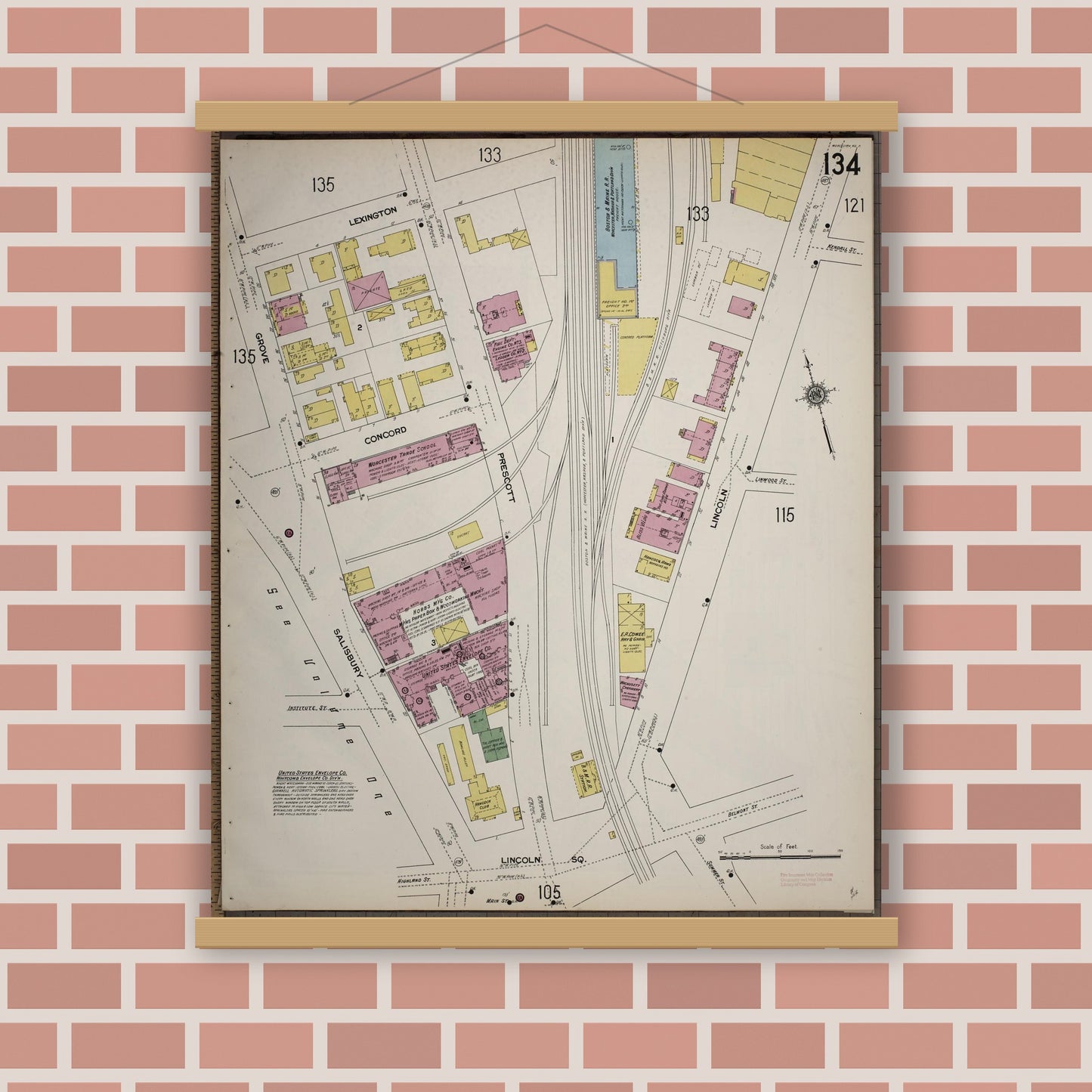 Old map wall art mockup — magnetic wood frame on brick wall — Sanborn Fire Insurance Map from Worcester, Worcester County, Massachusetts (1910), Sheet #0134
