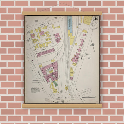Old map wall art mockup — magnetic wood frame on brick wall — Sanborn Fire Insurance Map from Worcester, Worcester County, Massachusetts (1910), Sheet #0134